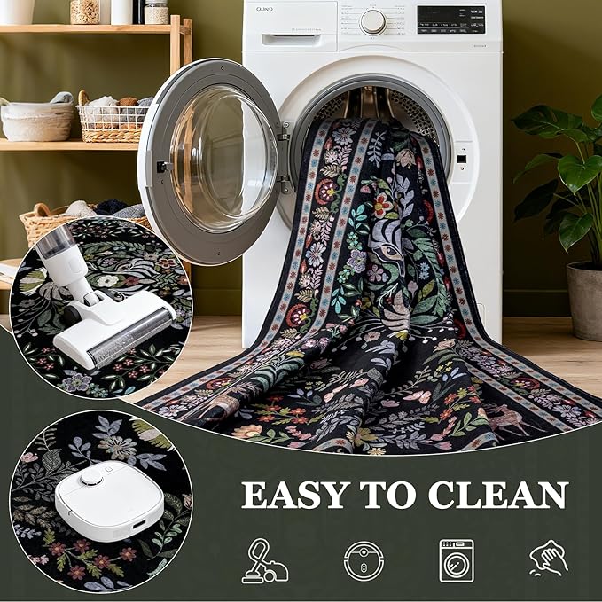 5x7 Area Rugs Living Room Rug: Vintage Washable Rug Floral Soft Carpet Indoor Floor Non-Slip Boho Stain Resistant Large Carpets for Bedroom Kids Nursery Dining Room Farmhouse Home Office Black