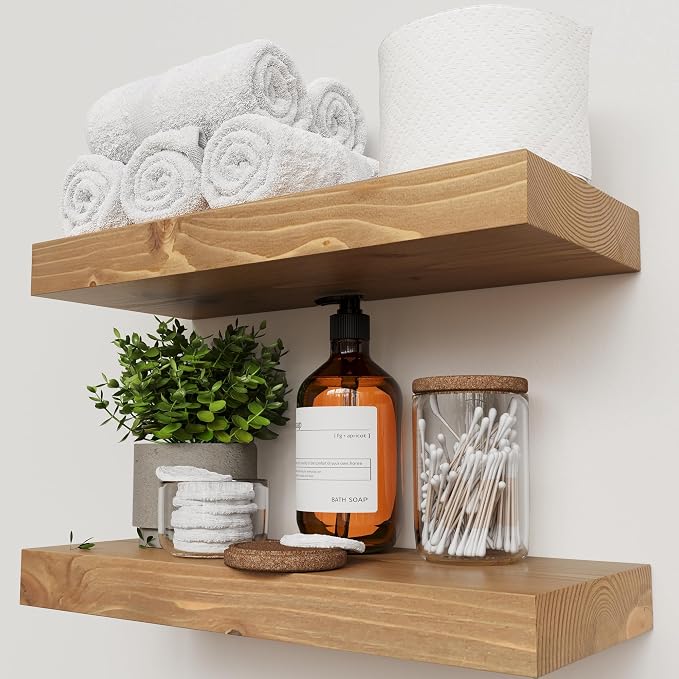 Natural Wood Floating Shelves for Wall 16 Inch Oak, Wooden Bathroom Shelf | Solid Wood, Wall Mounted, Kitchen Bedroom Living Room, Rustic Farmhouse, Natural Oak Finish, 16W × 6.7D, Set of 2