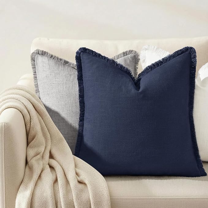 decorUhome Summer Decorative Neutral Linen Fringe Throw Pillow Covers Set of 2 Navy Blue Pillow Covers with Tassels Soft Farmhouse Boho Accent Pillow Cases for Couch Bed Sofa 20x20 Inch