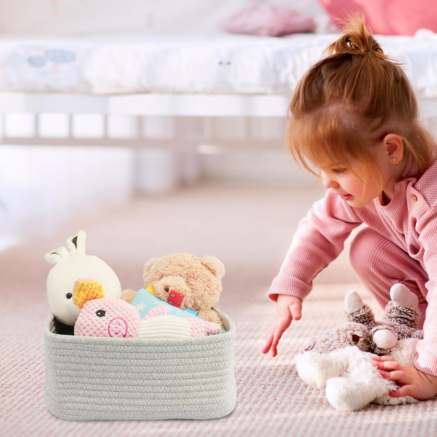 Small Woven Storage Baskets 13“X9”X5“ Decorative Rope Bins for Organizing Shelves, Closets, and Toys, Empty Gift Baskets, Cute Organizer Basket for Home and Office (grey, Large)