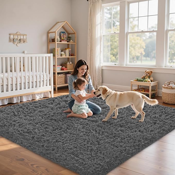 8x10 Area Rug for Living Room:Ultra Soft Fluffy Shag Dark Grey Rugs,Large Fuzzy Plush Indoor Non Slip Carpet Washable Rug for Bedroom Kids Nursery Office Dorm Modern Decor(Dark Grey 8'x10')