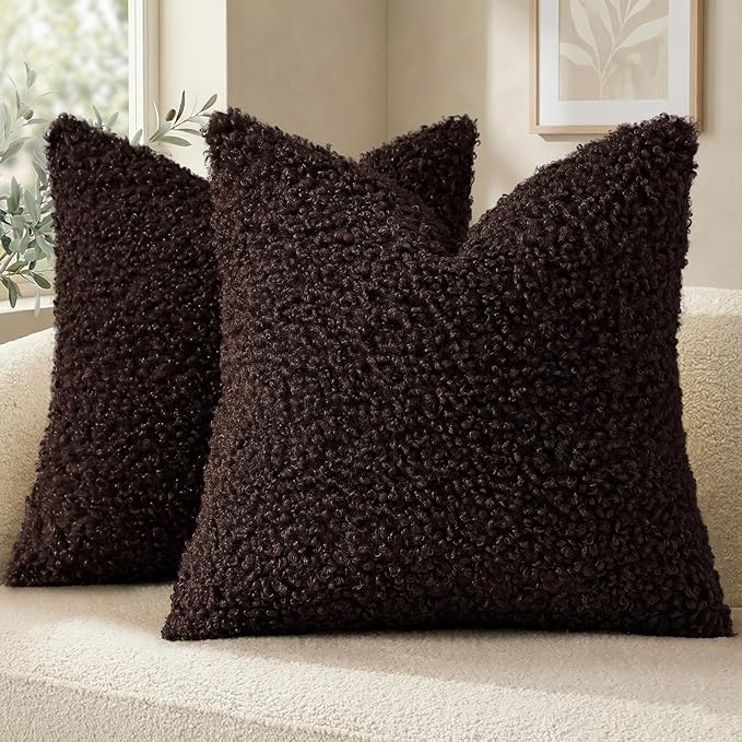 decorUhome Pack of 2 Throw Pillow Covers 24x24 Inch, Faux Fur Decorative Sherpa Pillow Covers Fuzzy Accent Soft Sheepskin Fleece Pillow Cases for Couch Living Room Bed, Chocolate