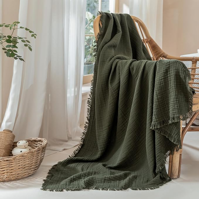 Muslin Fringe Blankets for Adults: 100% Cotton Cloud Soft | 4-Layer Gauze Breathable Lightweight All Season Throw Blanket for Bed Couch Sofa Office