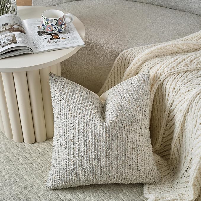 DEZENE Striped Throw Pillow Covers 18x18 Set of 2 Cream Grey Textured Boucle Chic Morden Boho Accent Farmhouse Square Decorative Couch Pillow Covers for Home Decor Bed Sofa Living Room