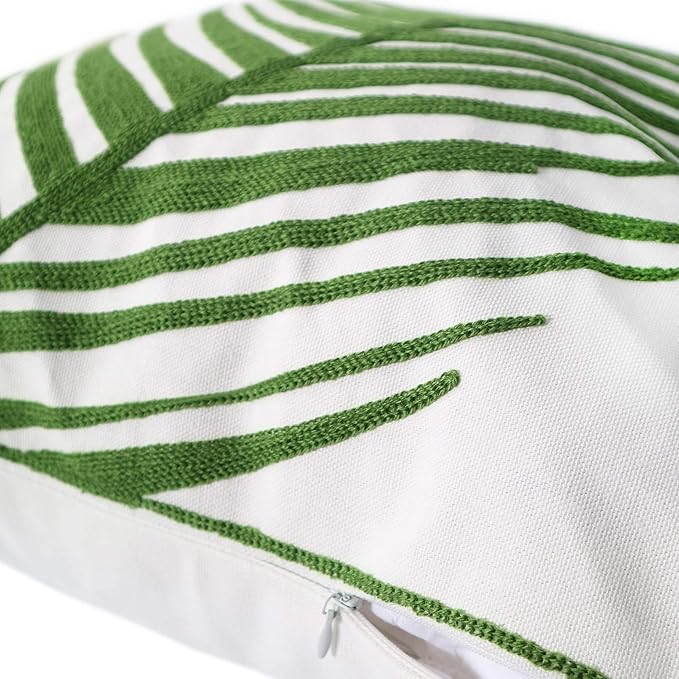 Embroidery Throw Pillow Cover 18x18 Inches Decorative Floor Pillow for Couch 100% Cotton Cushion Cover Tropical Green Palm Leaf Embroidered Pillowcase 45x45cm, 1 Piece