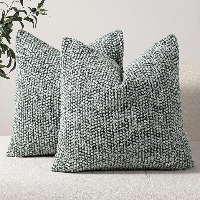 DEZENE Striped Throw Pillow Covers 20x20 Set of 2 Green Textured Boucle Chic Morden Boho Accent Farmhouse Square Decorative Couch Pillow Covers for Home Decor Bed Sofa Living Room