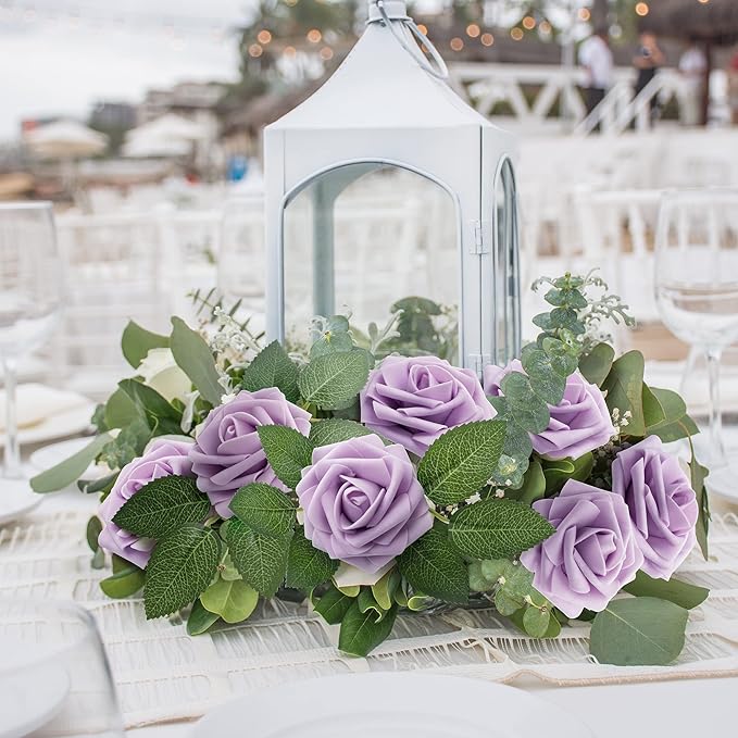 Mocoosy 50Pcs Rose Artificial Flowers, Lavender Fake Roses for Decorations, Purple Foam Fake Flowers with Stem for DIY Wedding Bouquet Bridal Shower Mother's Day Floral Arrangement Party Home Decor