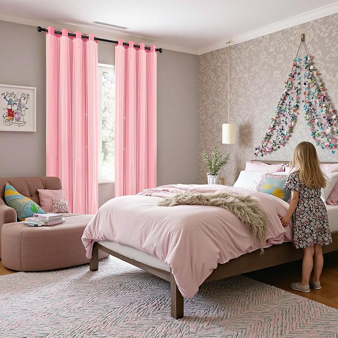 XiDi Pink Curtains for Girls Bedroom 84 Inches Long Blackout Nursery Curtains Double Layer with Sheer Overlay for Kids Toddler Princess Room Grommet Privacy Room Darkening Window Drapes 52x84 Inches