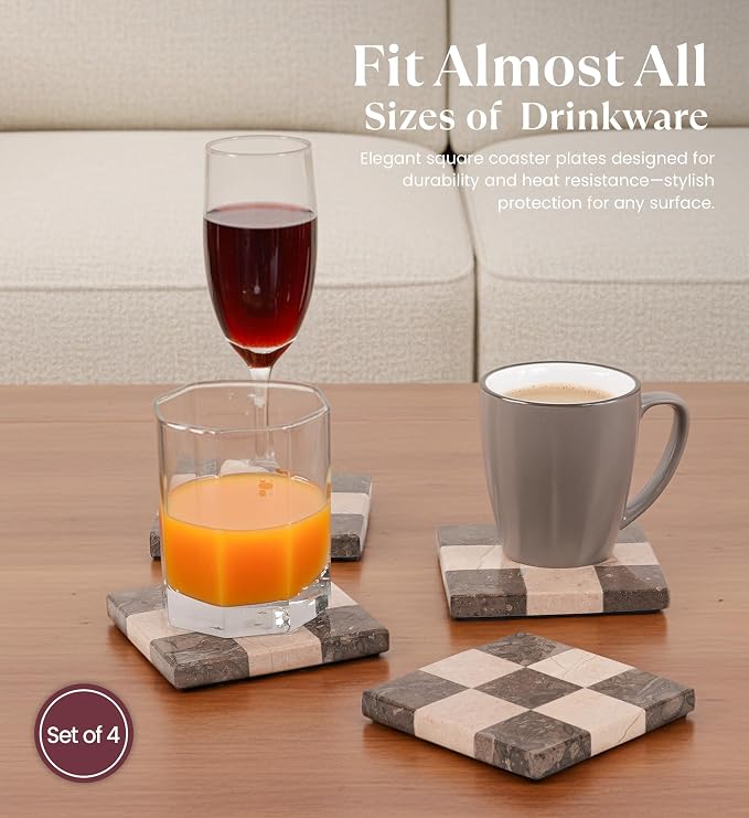 Marble Coasters Set of 4, Oceanic & Verona Handmade 4 inch Square Stone Coaster, Decorative Checkered Cup Coaster for Coffee Table, Housewarming Gift & Luxury Kitchen Accessories