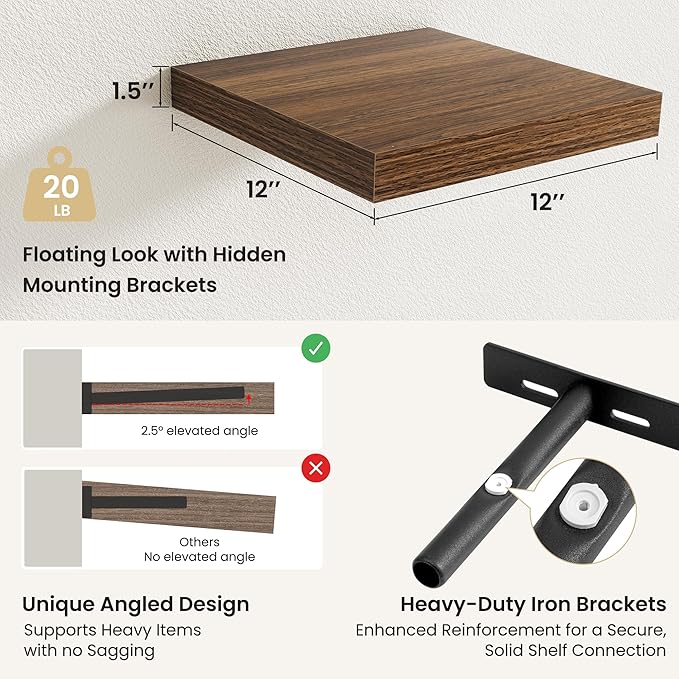 Fun Memories Rustic Wood Floating Shelves for Wall, Space-Saving Wall Mounted Shelves for Bathroom, Bedroom, Living Room and Kitchen, Stylish Storage & Display (Set of 3, Walnut, 12 in)