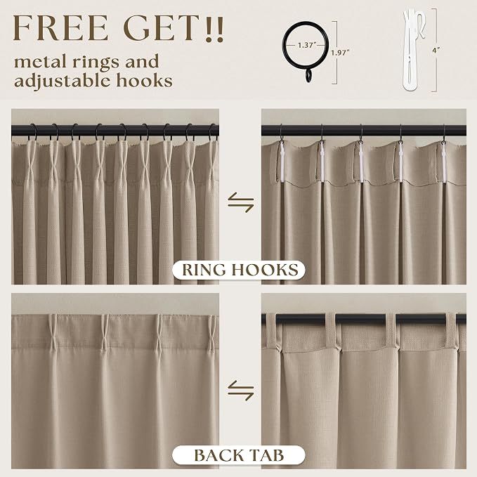 Burlywood Linen Pinch Pleated Curtains 90 Inch Length 2 Panels for Living Room Pinch Pleat Curtains Back Tab Light Filtering Tan Taupe Semi Sheer Neutral Drape for Bedroom Dining Room Window 40x90