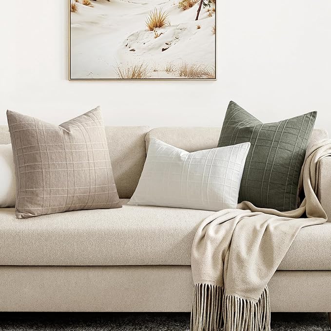 MIULEE Decorative Linen Check Throw Pillow Covers Neutral Farmhouse Vintage Pillow Covers 20x20 Set of 2 Boho Modern Home Decor for Sofa Couch Bedroom Cushion Natural Linen
