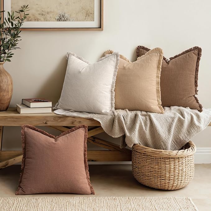 MIULEE Decorative Couch Pillow Covers Neutral Linen Fringe Throw Pillows Set of 4 Accent Rustic Cushions Boho Farmhouse Pillowcases for Bed Sofa Living Room Spring Home Decor 18x18 Inch Beige/Brown