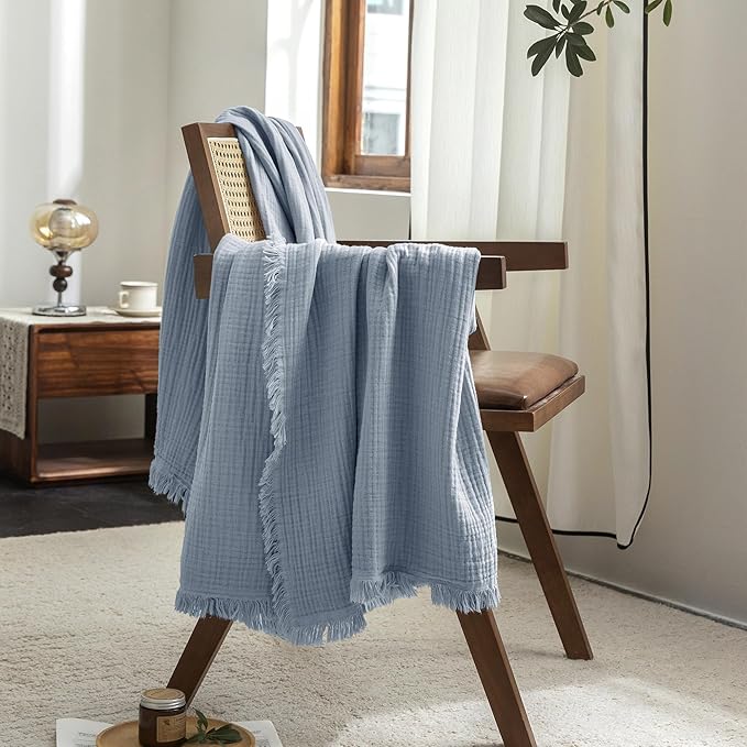 FOSSA Muslin Blanket 4-Layer 100% Cotton Gauze Blanket with Fringe 90"x90" | Super Soft Breathable Lightweight All Season & Decorative Blanket or Bed, Sofa, Office (Cornflower Blue,Queen)