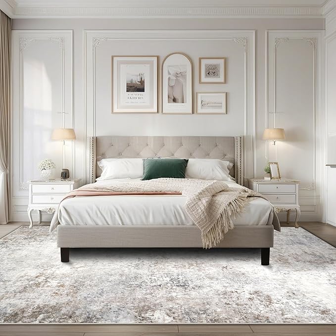 Srugn Washable Rugs 8x10 Area Rugs for Living Room,Modern Abstract Rugs for Bedroom,Large Carpets,Ultra Soft Faux Wool Retro Dining Room Rug,Non Slip&Non-Shedding Low Pile Print Rug- Beige Grey