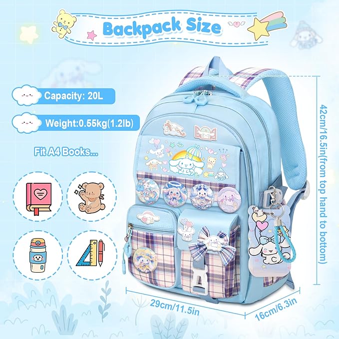 KIEAL 16.5/19IN School Backpack for Girls with 24Pcs Accessories, Anti-Theft Kids Backpack for Students, New Semester Presents with Pins and Card Holder