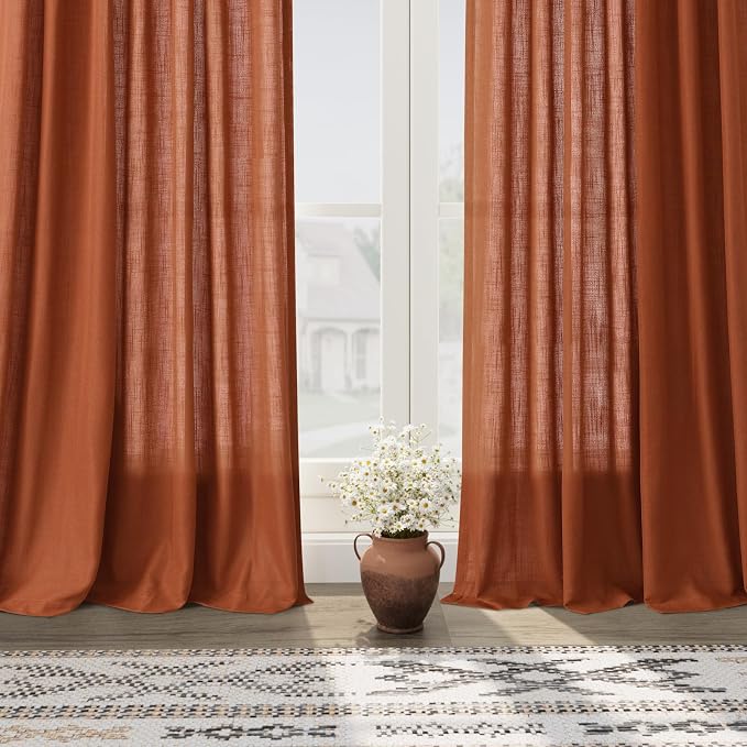 Nanspring Terracotta Curtains 80 Inches Length for Living Room Back Tab Rod Pocket Semi Sheer Linen Drapes Muted Neutral Boho Brick Burnt Orange Linen Textured Window Curtain for Dining Room 52X80
