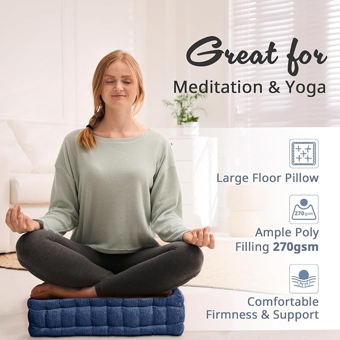 Intelligent Design Azza Floor Pillow, Large Cushions Sitting for Adults, Floor Pillow for Meditation or Yoga, Lustrous Chenille Tufted with Scalloped Edges for Bench/Chair Cushion, 20"x20"x5" Navy