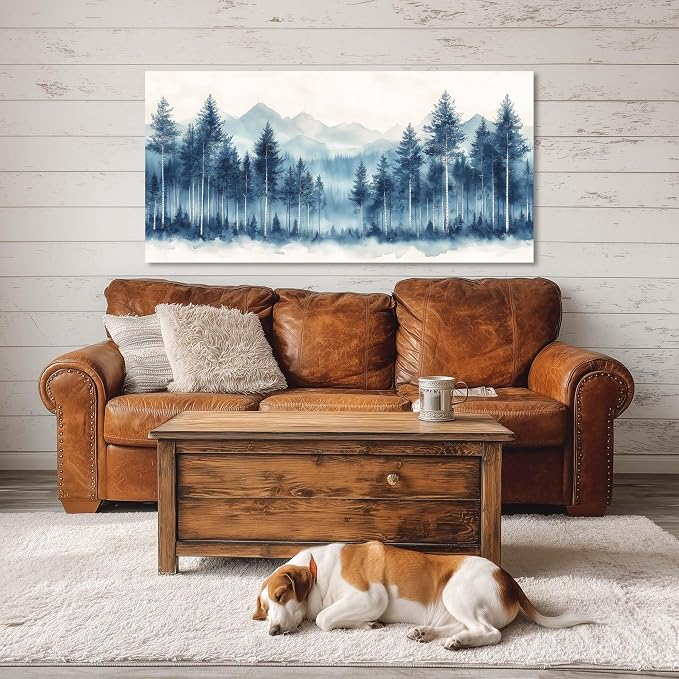 Ggaafet Watercolor Blue Forest Wall Art for Bedroom Canvas Painting Prints Beautiful Mountain Woods Landscape Art Deco Nature Artwork Office Family Dining Room Decor
