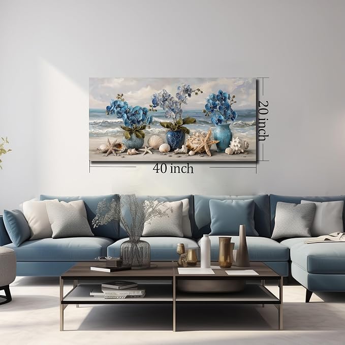 AOZEMI Blue Wall Art Beach Ocean Wall Decor Flower Canvas Art Coastal Seascape Pictures Floral Vase Poster Starfish Conch Shell Print Art for Bedroom Bathroom Living Room Office 20"x 40"