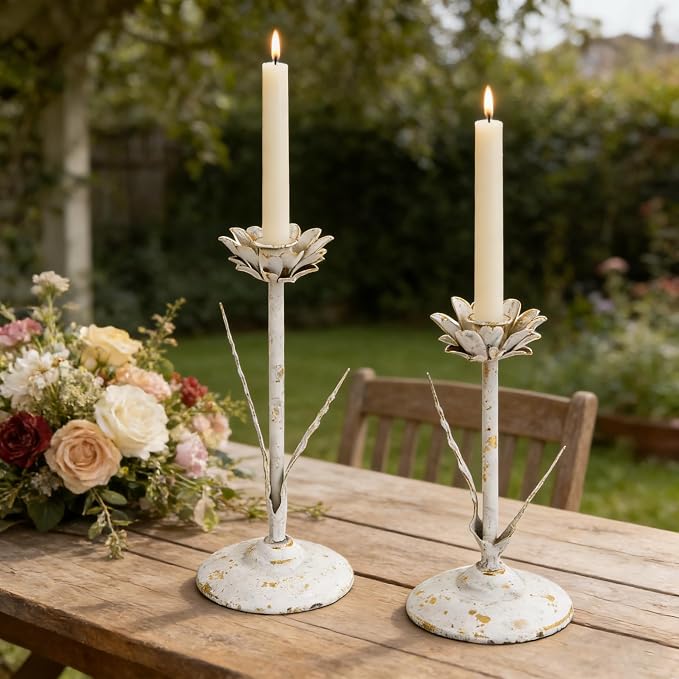 Vintage Lotus Flower Taper Candle Holders Set of 2, Distressed White Gold Metal Candlestick Stands, Rustic Farmhouse Tabletop Centerpiece for Wedding, Dining & Home Decor