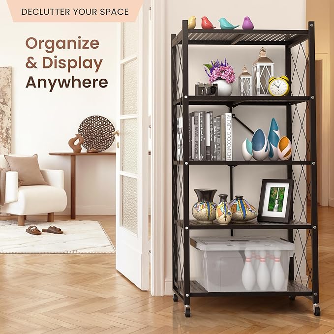 Our Modern Space 5-Tier Foldable Storage Shelf with Wheels | Metal Rack Collapsible Shelving Display | Rolling Cart for Books Kitchen Storage Shelves | Pantry & Closet Organizer | Office Room Decor