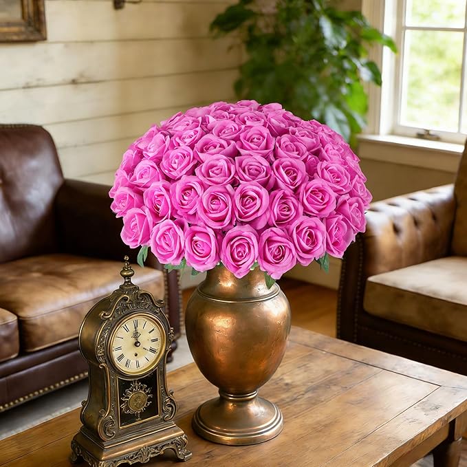 HyeFlora 50 PCS Roses Artificial Flowers, Fake Roses with Stem Realistic Hot Pink Silk Rose for DIY Wedding Bouquets Table Centerpieces Arrangements Baby Shower Birthday Home Decor for Her