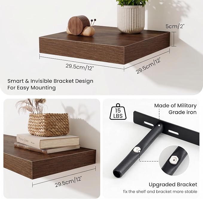 Fun Memories Floating Shelves for Wall 12 Inch, 12 Inch Deep Square Wall Shelves, Bathroom Storage Shelves Over Toilet, Wood Floating Shelves for Living Room Bedroom, Walnut, Set of 2