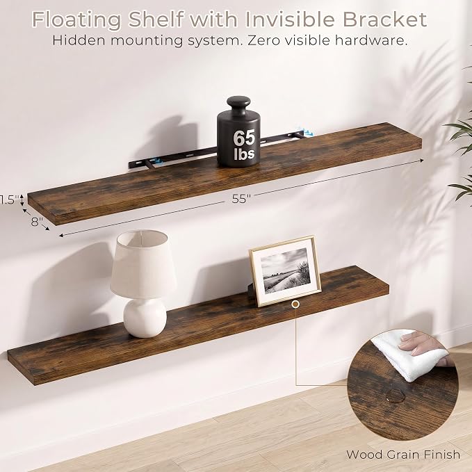 Vivelove Wall Floating Shelves for Display with Invisible Brackets, Long Large Floating Shelves Under TV Over Fireplace Bedroom Living Room Office, 55”X 8”X 1.4", Set of 2 - Rustic Brown