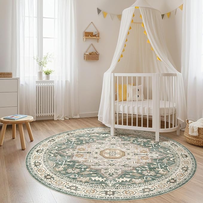Round Rug Living Room Rugs: 7x7 Washable Boho Neutral Large Circle Soft Indoor Distressed Stain Resistant Floor Farmhouse Carpet for Bedroom Nursery Kids Playroom Office Dining Room Dorm- Green