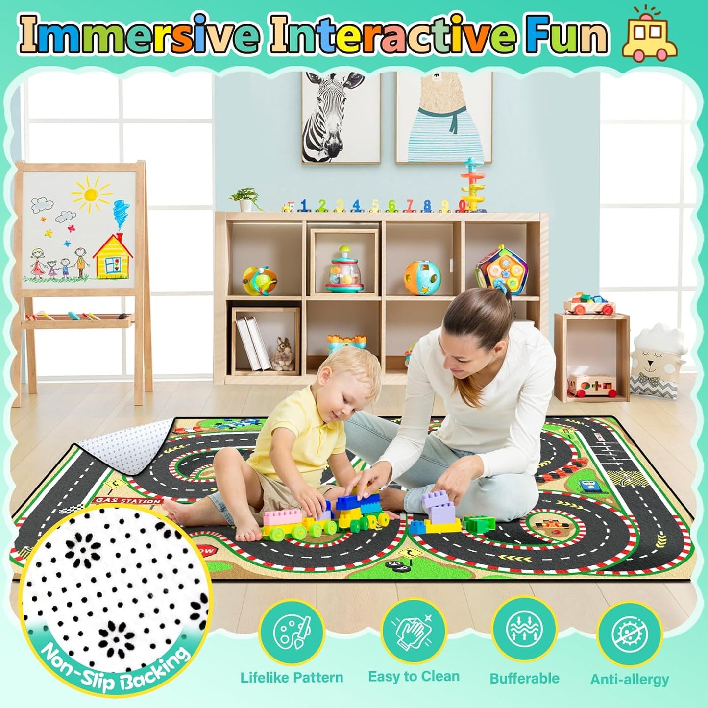 Kids Rug, Race Track Baby Play Mats, Realistic 3D Cascading Surround Route, 3x5 Ft Kids Rug for Playroom, Great for Playing with Cars and Toys, Non-Slip Car Carpet