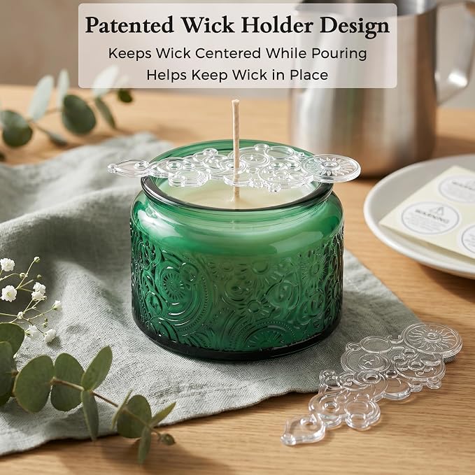 4 oz Green Sun Moon Stars Candle Jars with Bamboo Lids, 18 Pack | Patented Embossed Design, Includes Wick Centering Devices & Warning Labels, Multiple Color Options