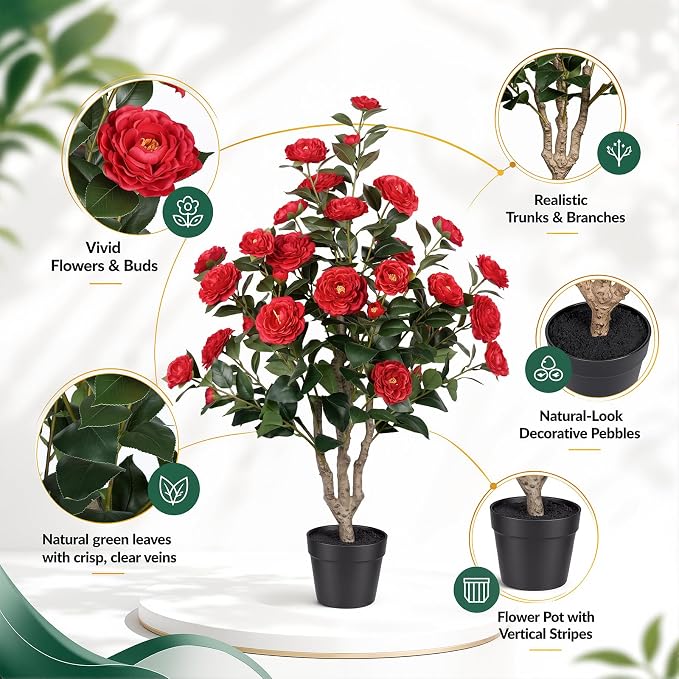 3ft Artificial Camellia Tree 2 Pack, 36" Faux Potted Camellia Plant with Vibrant Red Silk Flowers, UV Resistant Fake Flowering Tree for Front Porch Indoor Outdoor Home Office Floor Decor