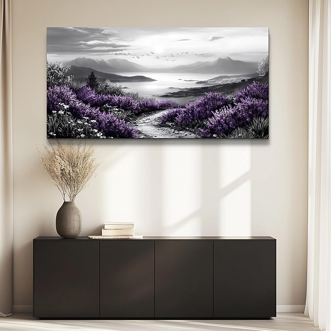 KELIYUAN Black And White Home Decoration Canvas Wall Art For Restaurant Natural Landscape Painting Printing Landscape Purple Grass Picture Suitable For Living Room Bedroom Office Wall Decor 20x40In