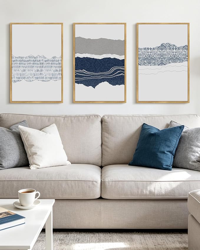 PHOPAGO Navy Blue Abstract Shapes Framed Wall Art Large 16x24in Mid Century Minimalist Boho Wall Decor Modern Neutral Rustic Farmhouse Living Laundry Decor - Natural Framed
