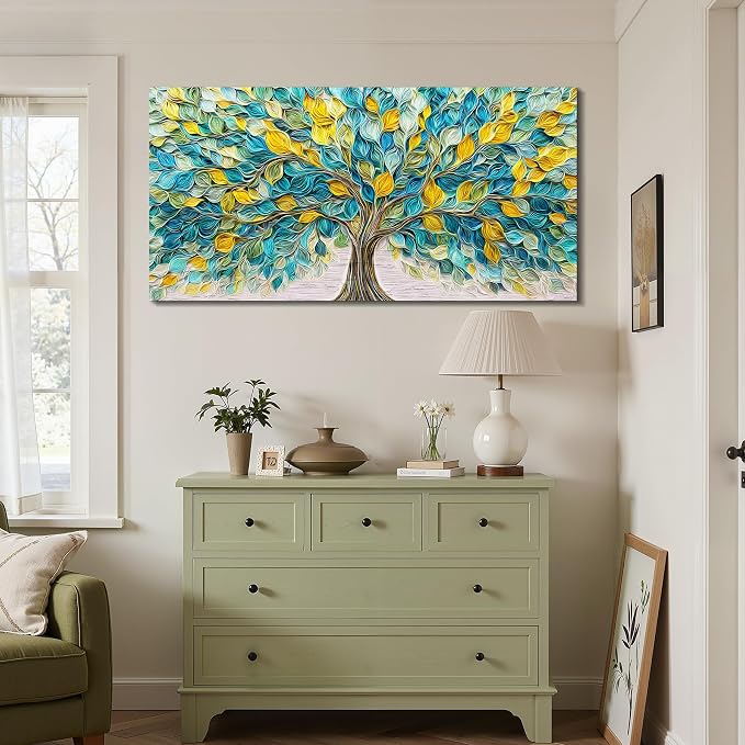 imjiayu Extra Large Wall Art, Tree of Life Wall Art, Abstract Art Wall Decor, Green Tree Leaf Prints, Art Nouveau Modern Decor, Nature Plant Paintings for Living Room Dining Room Office 29"x57"