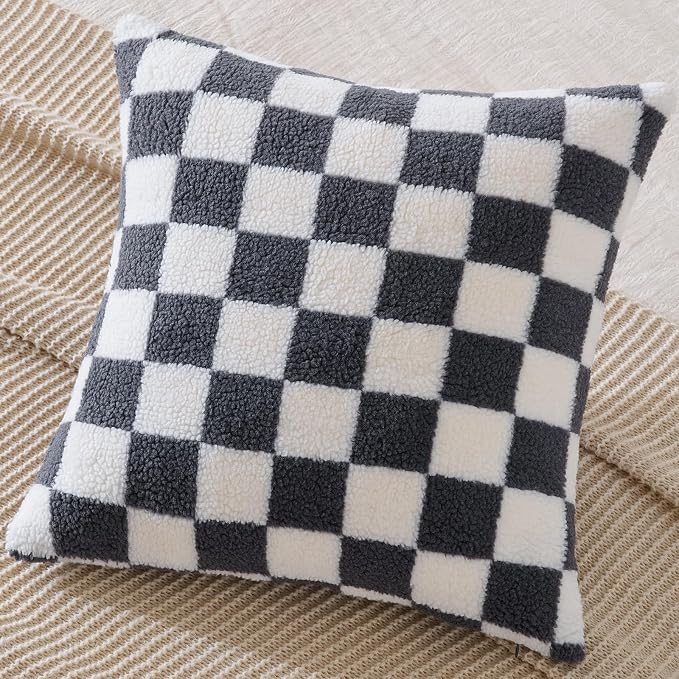 AmHoo Pack of 2 Decorative Throw Pillow Covers Checkerboard Luxury Super Soft Faux Fur Wool Set Case Cushion for Couch Sofa Bedroom 20 x 20-Inch Gray