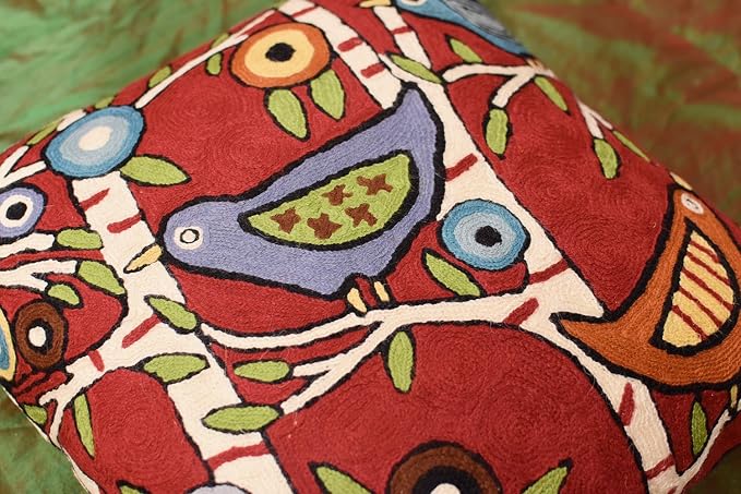 Red Plant Birds Throw Pillow Cover | Karla Gerard Designer Pillowcase Burgundy Chair Cushion Kids Room Botanical Red Farmhouse Chair Cushions Hand Embroidered Wool Size - 18x18
