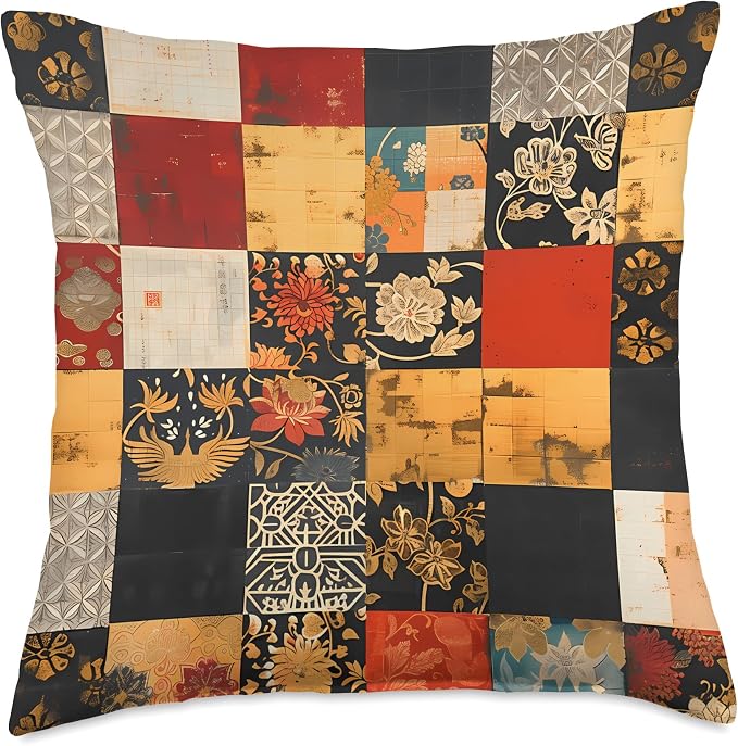 Japanese Buddhist Color Block Pattern Art Throw Pillow
