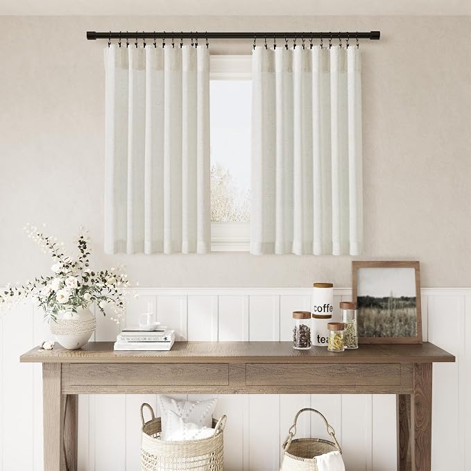 Nanspring Linen Cafe Curtains 45 Inch Length Light Filtering Rustic Airy Flax Semi Sheer for Window Basement Cream Drapes for Bathroom Back Tab Rod Pocket Pleated Kitchen Curtain 38Wx45L