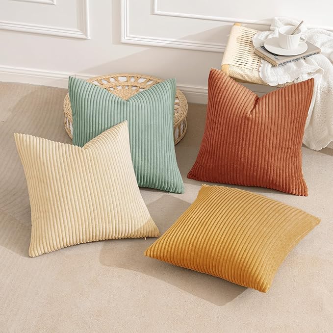 MIULEE Boho Farmhouse Throw Pillow Covers 18x18 Inch Set of 4 Summer Modern Natural Decorative Cushion Covers Soft Corduroy Home Decor for Spring Couch Bed Sofa Living Room Teal-Rust Gradient Series