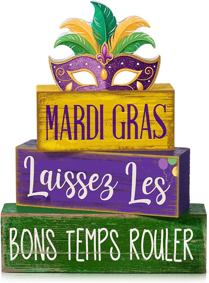 Lineshading 4 Pcs Mardi Gras Table Decorations Wooden Mask Purple Golden Green Carnival Tiered Tray Decor Mardi Gras Centerpieces Decorative Mask Block Signs Gifts for Masquerade Party Home Kitchen