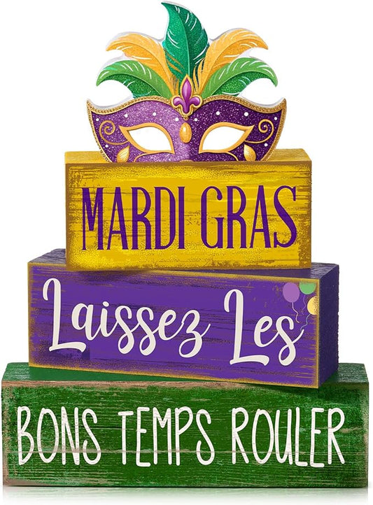 Lineshading 4 Pcs Mardi Gras Table Decorations Wooden Mask Purple Golden Green Carnival Tiered Tray Decor Mardi Gras Centerpieces Decorative Mask Block Signs Gifts for Masquerade Party Home Kitchen