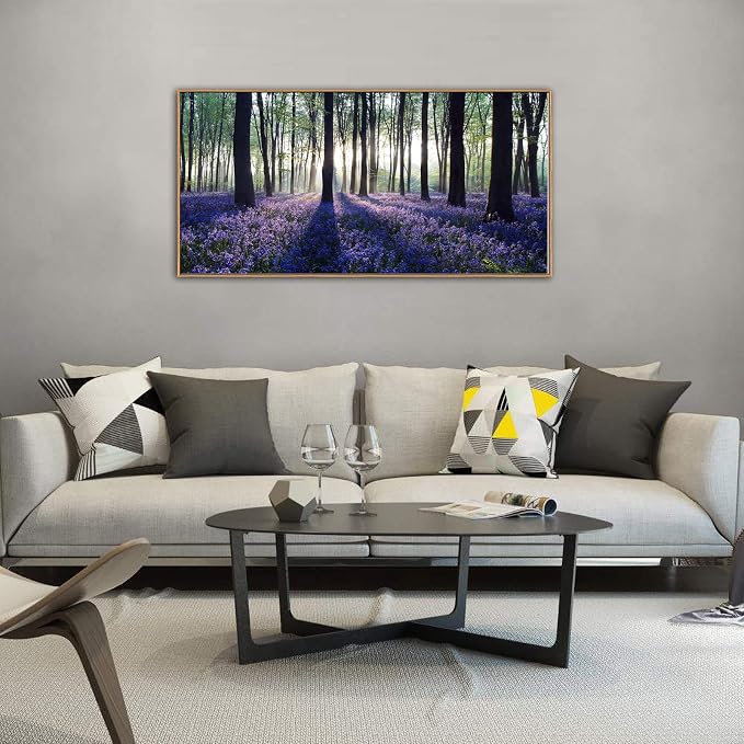yearainn Framed Purple Lavender Forest Canvas Wall Art 24" x 48" | Lavender Field Sunlight Trees Canvas Picture, Nature Landscape Painting Artwork for Home Wall Decor, Natural Wood Frame