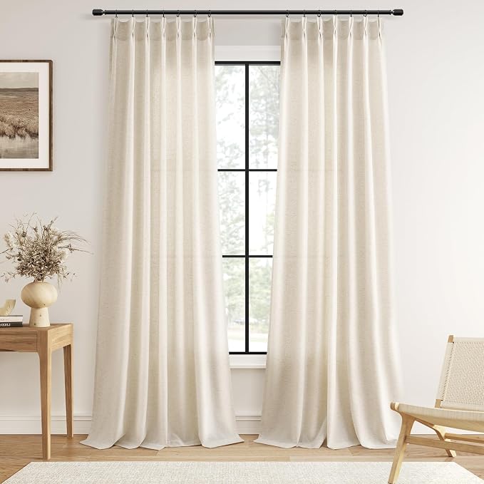 Guken Pinch Pleated Linen Curtains 105 Inches Long for Living Room Bedroom 2 Panels Natural Cream Textured Linen Semi Sheer Boho Farmhouse Back Tab Pinch Pleat Hooks Rings 105 Inch Beige Ivory