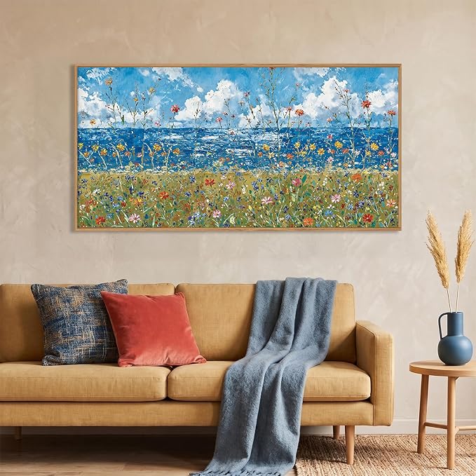 BICERE Large Blue Seaside Wildflower Framed Canvas Wall Art,Modern Nature Ocean Wall Decor,Rustic Sky Printing,White Cloud Landscape Artwork for Living Room,Bedroom,Dining Room-20"x40"x1