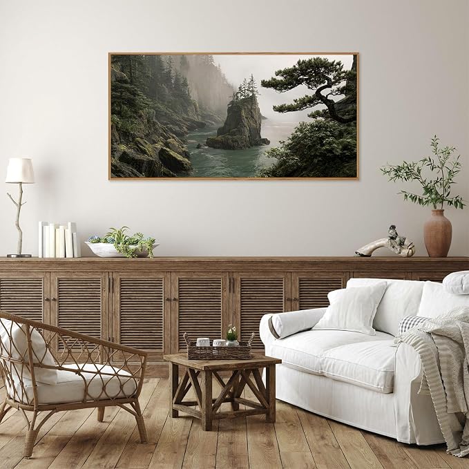 Rantodecor Coastal Forest Framed Canvas Wall Art, Pacific Northwest Coast landscape Wall Decor, Nature PNW Mountain Sea Art Paintings, Sage Green Pine Artwork for Bedroom Living Room Office 40"x20"