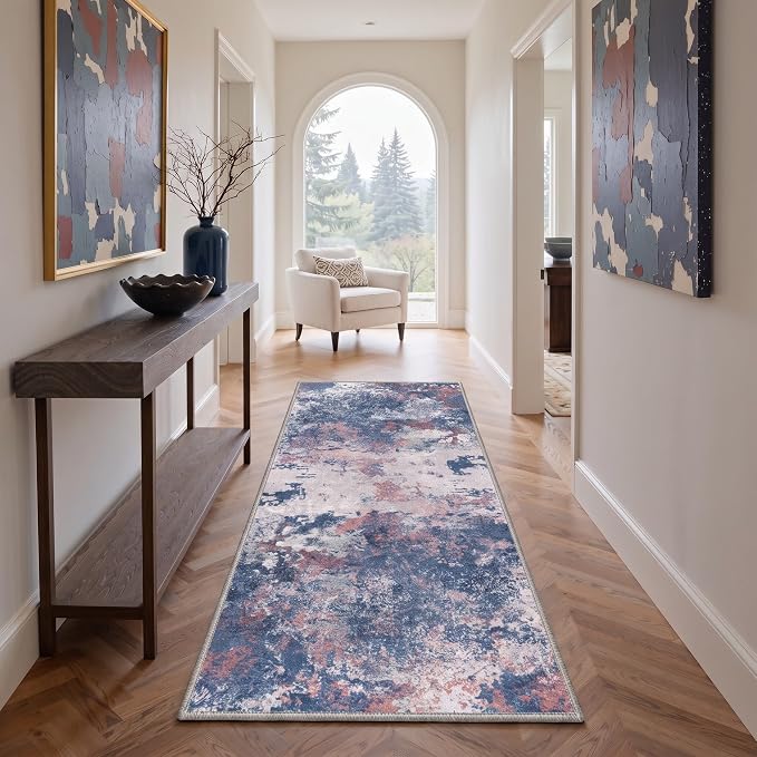 BEIMO 2X8 Runner Rug for Hallway Kitchen, Machine Washable Runners Rug for Entryway, Soft Modern Abstract Throw Rugs, Low Pile Floor Cover with Non Slip Backing, Red Blue