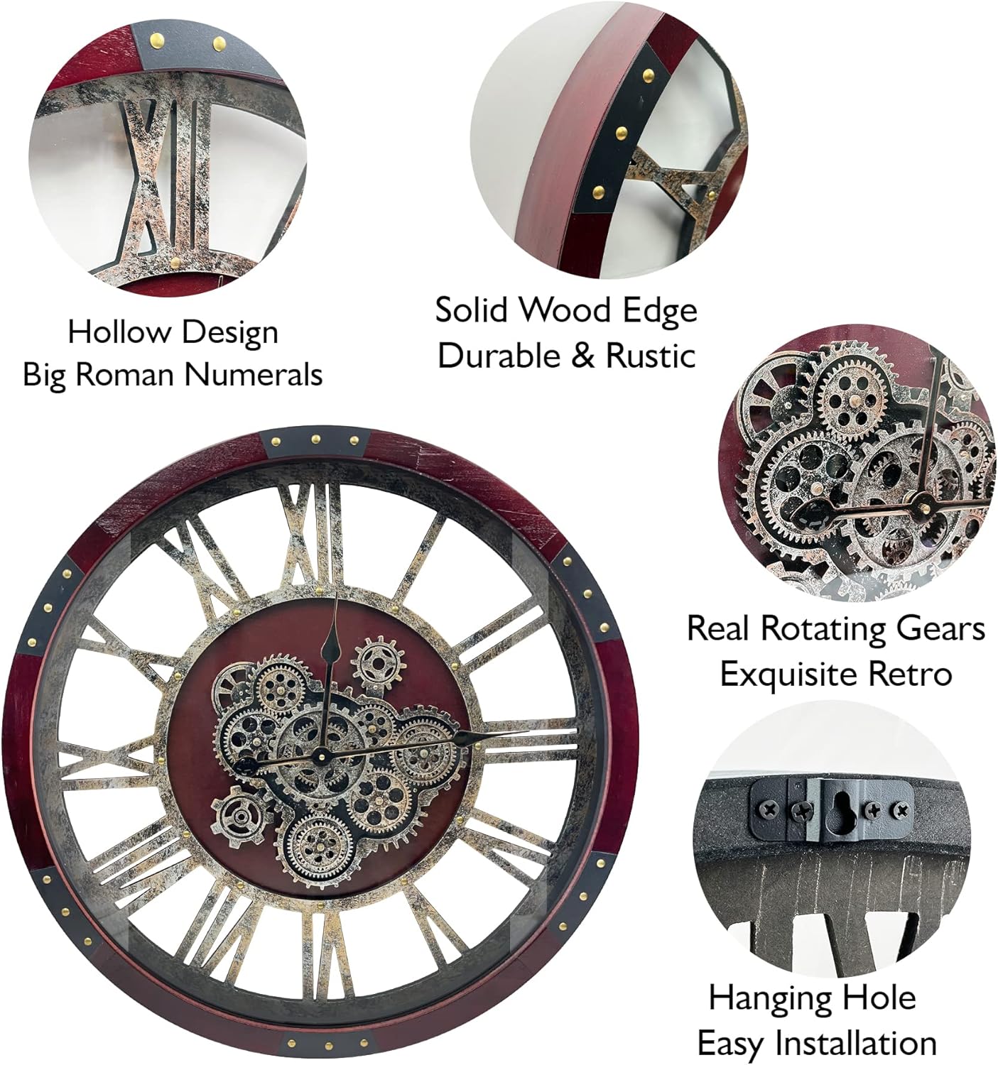 DORBOKER 36" Original Moving Gears Wall Clock, Large Industrial Wall Clock for Living Room Decor,Oversized Wood Vintage Farmhouse Steampunk Rustic Clocks for Wall Decor,Cherry Red