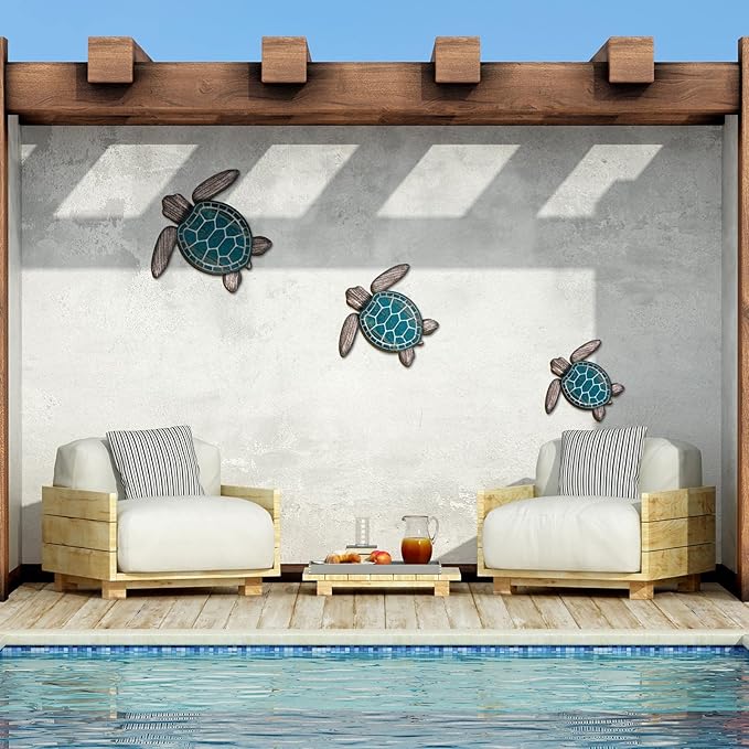 Bucherry 3 Sizes Wooden Sea Turtle Wall Decor Turtle Wall Art Beach Theme Art Decorations Vintage Coastal Ornaments for Pool Home Lake House Bathroom Garden Indoor Outdoor(Wood Color)
